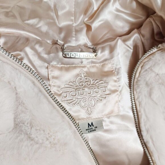 JouJou Women's M Cream Faux Fur Zip Hoodie Jacket Satin Lined Cozy Winter Coat - Picture 8 of 10